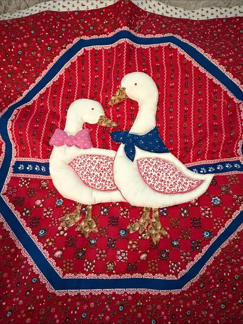 Set of 2 Vintage 1980s Cranston VIP Puff Applique 3D Country Geese Placemats DIY